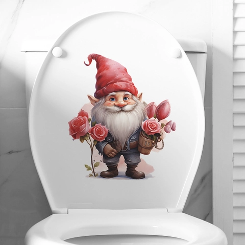 Valentine Day Gnome Rose Flower Toilet Sticker PVC Waterproof Decorative Bathroom Wall Decal For Toilet Lid Decoration