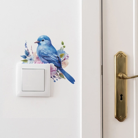 Adesivo per Interruttore con Uccello Blu Acquerello e Fiori Viola Decalcomania da Parete in PVC per Soggiorno Camera da Letto Casa
