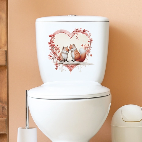 Pegatina de Inodoro de Zorro y Corazón Impermeable de PVC Decoración de Baño Estilo de Ilustración Cálida Pegatina de Pared de Baño