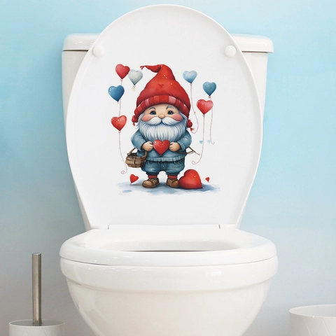 Cute Cartoon Gnome With Heart Balloon Toilet Seat Sticker PVC Waterproof Bathroom Wall Decal Home Decoration fun-m3