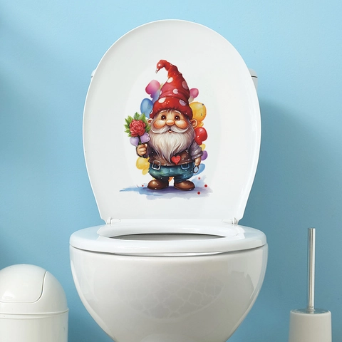 Valentine's Day Cartoon Gnome Toilet Sticker Red Polka Dot Hat Gnome Rose Pattern PVC Removable Waterproof Bathroom Decor