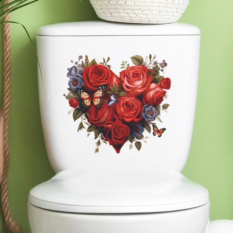 Romantischer Herzförmiger Rosen Schmetterling Toilettenaufkleber Wasserdicht PVC Wandaufkleber Für Badezimmer Heimdeko Valentinstag Geschenk