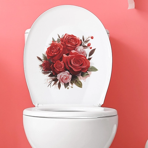 Sticker pour Toilettes Rose Romantique PVC Décalcomanie Fleur pour Salle de Bain Déco Saint-Valentin