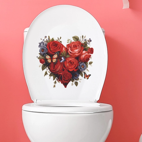 Romantischer Herzförmiger Rosen Schmetterling Toilettenaufkleber Wasserdicht PVC Wandaufkleber Für Badezimmer Heimdeko Valentinstag Geschenk