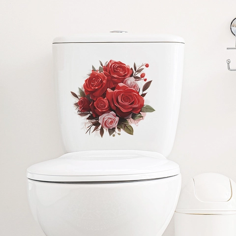 Sticker pour Toilettes Rose Romantique PVC Décalcomanie Fleur pour Salle de Bain Déco Saint-Valentin