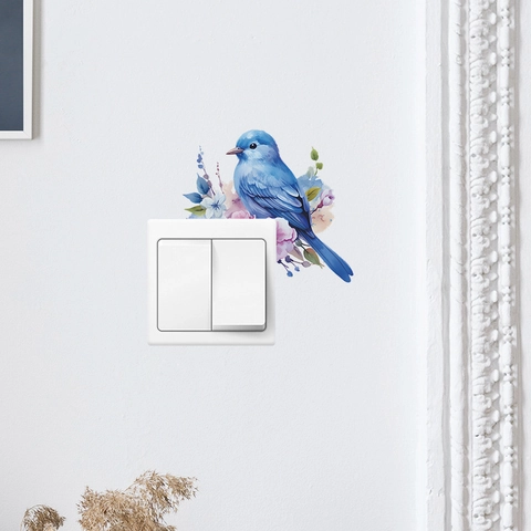 Adesivo per Interruttore con Uccello Blu Acquerello e Fiori Viola Decalcomania da Parete in PVC per Soggiorno Camera da Letto Casa