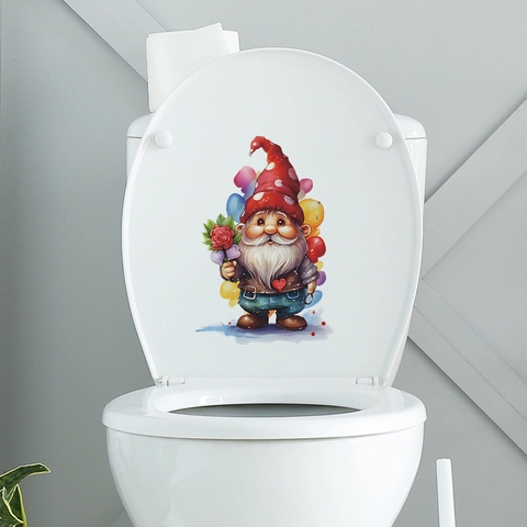 Valentine's Day Cartoon Gnome Toilet Sticker Red Polka Dot Hat Gnome Rose Pattern PVC Removable Waterproof Bathroom Decor