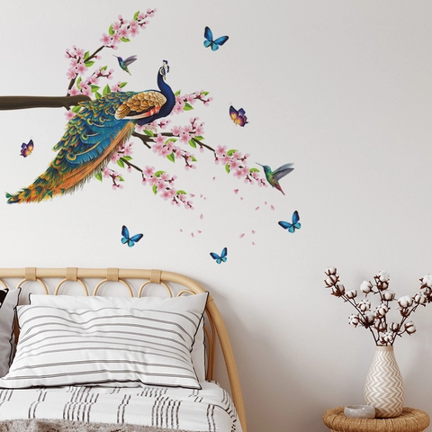 Pfau Pfirsichblüte Schmetterling Wandaufkleber PVC Selbstklebende Wandbild Für Wohnzimmer Schlafzimmer Home Wandhintergrund Dekor