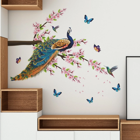 Pfau Pfirsichblüte Schmetterling Wandaufkleber PVC Selbstklebende Wandbild Für Wohnzimmer Schlafzimmer Home Wandhintergrund Dekor