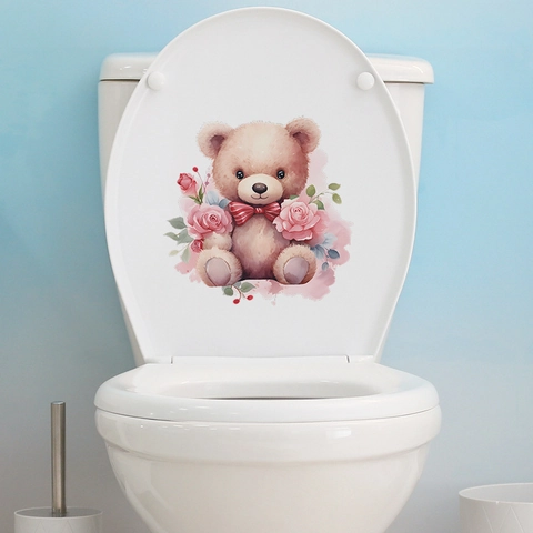 Cartoon Bear Rose Pink Flower Toilet Lid Sticker Waterproof PVC Bathroom Decor Decal For Home Washroom Decoration
