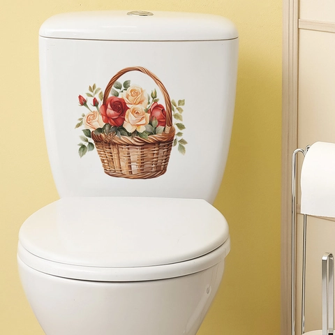 Romantic Rose Flower Basket Toilet Sticker Waterproof PVC Bathroom Wall Decal For Valentine Day Home Decoration