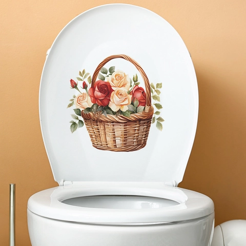 Romantic Rose Flower Basket Toilet Sticker Waterproof PVC Bathroom Wall Decal For Valentine Day Home Decoration