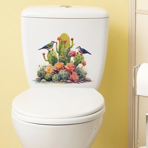 Adesivo per Sedile Gabinetto Cactus e Uccello Acquerello Impermeabile in PVC Decalcomania Decorativa per Bagno Casa Stile Moderno