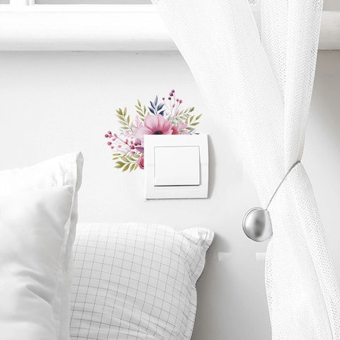 Aquarell Rosa Blumen Grüne Blätter Schalter Aufkleber PVC Abnehmbare Wandtattoo Für Wohnzimmer Schlafzimmer Home Decoration