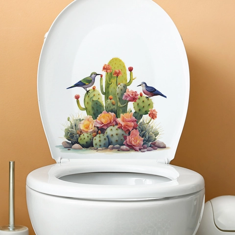 Adesivo per Sedile Gabinetto Cactus e Uccello Acquerello Impermeabile in PVC Decalcomania Decorativa per Bagno Casa Stile Moderno