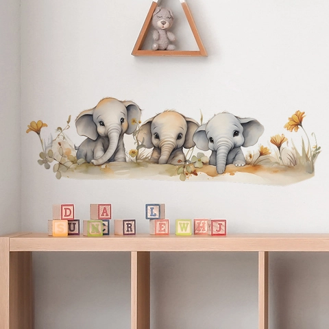 Stickers Muraux Famille Éléphant Dessin Animé Aquarelle PVC DIY Animaux Floraux pour Chambre d'Enfant Décoration Maison