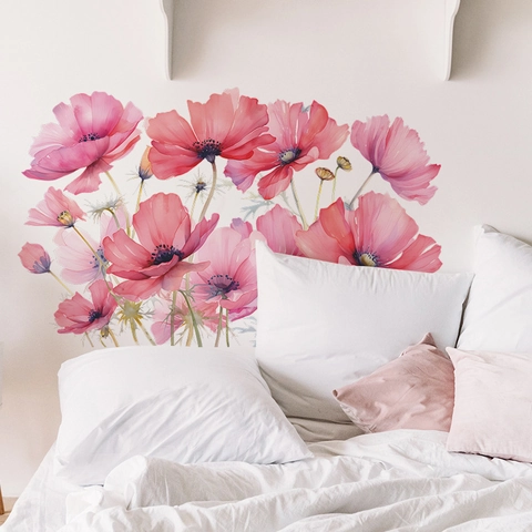 Aquarel Klaproos Muursticker PVC Zelfklevend Roze Bloemensticker Voor Slaapkamer Woonkamer Modern Huis Decoratie