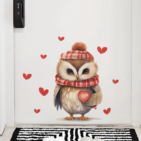 Valentine Day Cartoon Owl Red Heart Wall Sticker For Bedroom Living Room Fridge Decor PVC Animal Pattern Home Decoration
