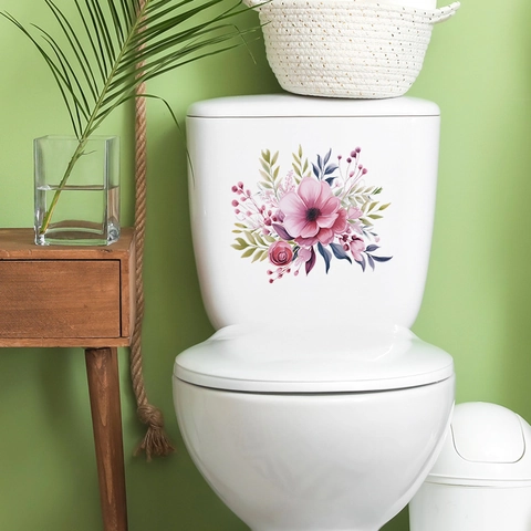 Pegatina de Inodoro de Baño con Flores Rosas y Hojas Verdes Acuarela PVC Impermeable Calcomanía de Pared Decorativa para Hogar
