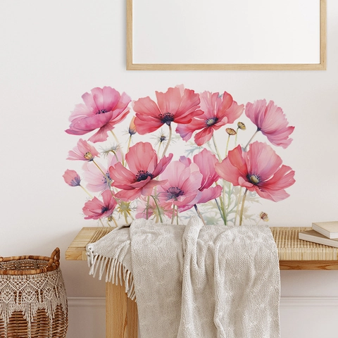 Aquarel Klaproos Muursticker PVC Zelfklevend Roze Bloemensticker Voor Slaapkamer Woonkamer Modern Huis Decoratie