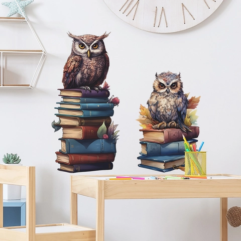 Sticker Mural Hiboux et Livres Dessin Animé pour Chambre d'Enfant PVC Imperméable Amovible Illustration Animale Décorative