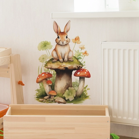 Cute Cartoon Rabbit Sitting On Mushroom Wall Sticker Watercolor Forest Animal Flower PVC Decal For Kids Room Nursery Home Decor