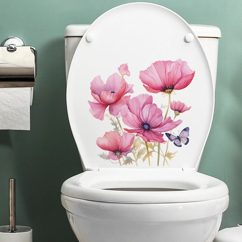 Roze Klaproos Bloem Paarse Vlinder Toilet Sticker Waterdicht PVC Badkamer Decal Verwijderbare Florale Huis Decoratie