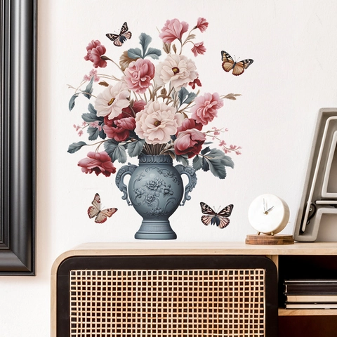 Adesivo Murale Retro Europeo Vaso di Fiori Farfalla PVC Removibile Murale Decorativo per Soggiorno Camera da Letto Decorazione Casa