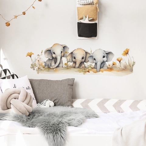 Stickers Muraux Famille Éléphant Dessin Animé Aquarelle PVC DIY Animaux Floraux pour Chambre d'Enfant Décoration Maison