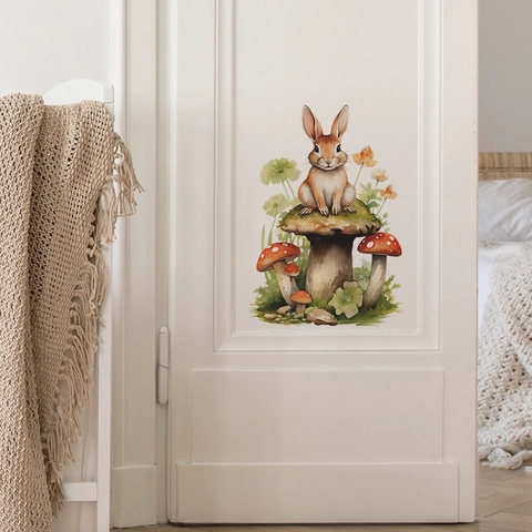 Cute Cartoon Rabbit Sitting On Mushroom Wall Sticker Watercolor Forest Animal Flower PVC Decal For Kids Room Nursery Home Decor