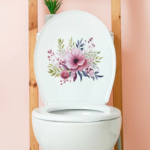 Pegatina de Inodoro de Baño con Flores Rosas y Hojas Verdes Acuarela PVC Impermeable Calcomanía de Pared Decorativa para Hogar