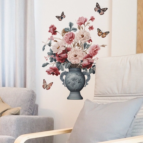 Adesivo Murale Retro Europeo Vaso di Fiori Farfalla PVC Removibile Murale Decorativo per Soggiorno Camera da Letto Decorazione Casa