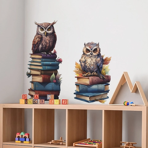 Sticker Mural Hiboux et Livres Dessin Animé pour Chambre d'Enfant PVC Imperméable Amovible Illustration Animale Décorative