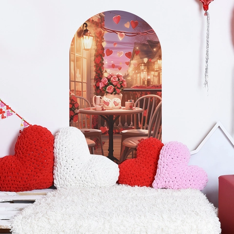 Romantic Archway Rose Heart Wall Sticker PVC 3D Window View Decal For Bedroom Living Room Valentine's Day Home Decoration
