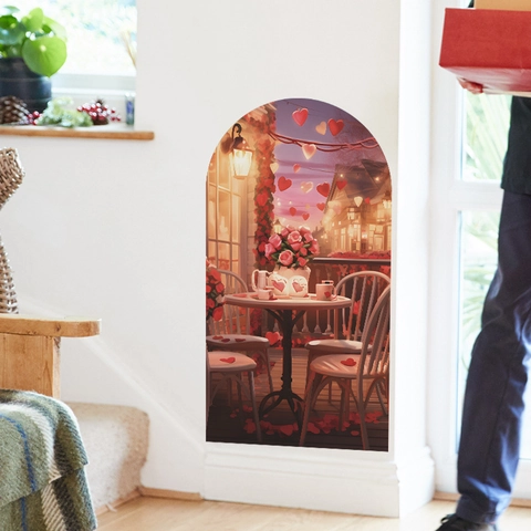 Romantic Archway Rose Heart Wall Sticker PVC 3D Window View Decal For Bedroom Living Room Valentine's Day Home Decoration