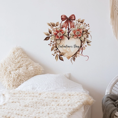 Valentinstag Herz Schleife Blume Wandtattoo PVC Abnehmbarer Aufkleber Für Schlafzimmer Wohnzimmer Romantische Wohndeko Aquarell Stil