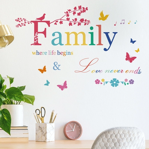Family Where Life Begins Love Never Ends Colorful Wall Decal PVC Lettering Bird Butterfly Flower Art Wall Sticker Home Decor
