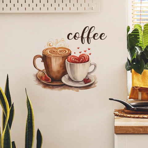 Adesivo Murale Tazzina da Caffè Acquerello PVC Decalcomania Artistica Creativa Motivo Cuore Per Parete Cucina Caffè