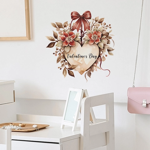 Valentinstag Herz Schleife Blume Wandtattoo PVC Abnehmbarer Aufkleber Für Schlafzimmer Wohnzimmer Romantische Wohndeko Aquarell Stil