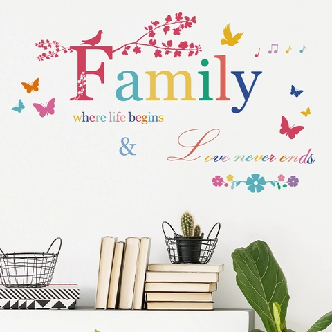Family Where Life Begins Love Never Ends Colorful Wall Decal PVC Lettering Bird Butterfly Flower Art Wall Sticker Home Decor