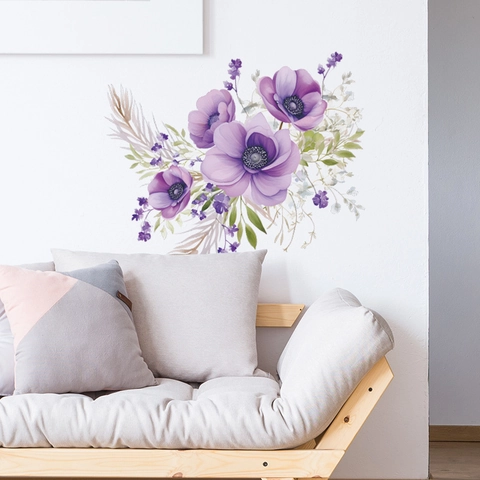 Romantico Adesivo da Parete con Fiori di Anemone Viola Impermeabile Removibile Acquerello Floreale Fai da Te per Bagno Camera