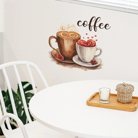 Adesivo Murale Tazzina da Caffè Acquerello PVC Decalcomania Artistica Creativa Motivo Cuore Per Parete Cucina Caffè