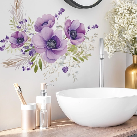 Romantico Adesivo da Parete con Fiori di Anemone Viola Impermeabile Removibile Acquerello Floreale Fai da Te per Bagno Camera