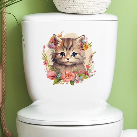 Simpatico Adesivo per WC con Gatto a Cartoni Animati e Fiori Impermeabile in PVC Decorazione Bagno per Toilette Casa
