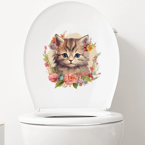 Simpatico Adesivo per WC con Gatto a Cartoni Animati e Fiori Impermeabile in PVC Decorazione Bagno per Toilette Casa