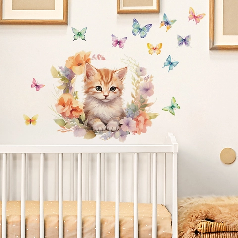 Cartoon Süße Katze Schmetterling Wandtattoo Aquarell Blumenkranz PVC Wandaufkleber Für Kinderzimmer Schlafzimmer Dekoration