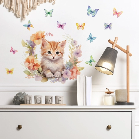 Cartoon Süße Katze Schmetterling Wandtattoo Aquarell Blumenkranz PVC Wandaufkleber Für Kinderzimmer Schlafzimmer Dekoration