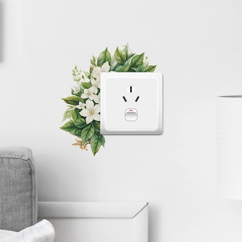 Pegatinas de Pared para Interruptor de Luz de Planta Verde y Flor Blanca PVC Impermeable Calcomanías de Pared Florales Botánicas Para Decoración de Dormitorio Sala