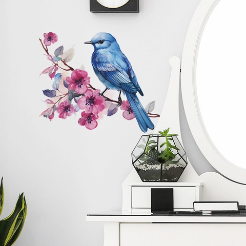 Blue Bird On Flower Branch Watercolor PVC Wall Sticker For Living Room Bedroom Glass Window Door Home Decoration Decal