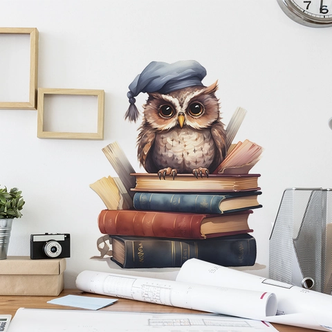 Adesivo da Parete Gufo dei Cartoni Animati su Libri in PVC Autoadesivo per Camera dei Bambini Studio Decorazione Murale